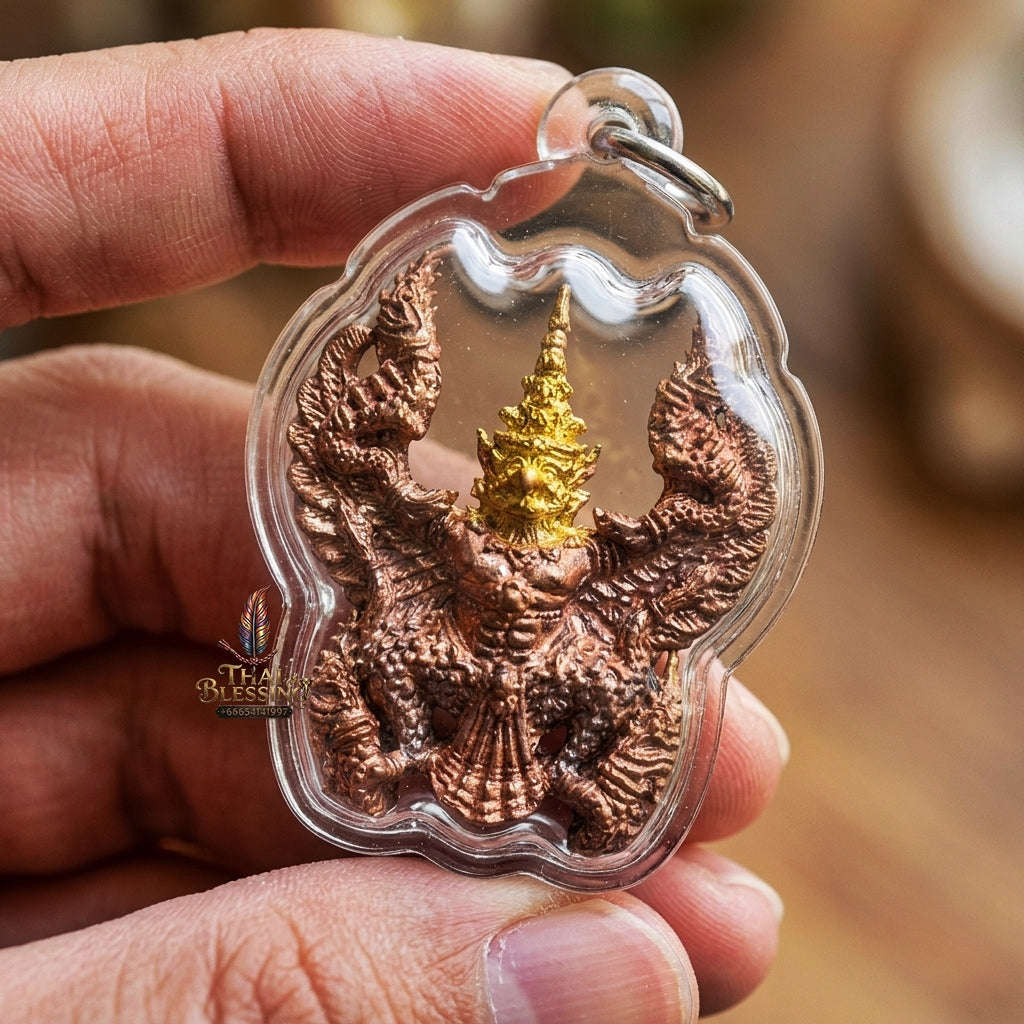 Authentic Thai Garuda Amulet "Phaya Khrut Kaona Charoenphon BE 2559" - Golden Head Fire-Surfaced Sacred Bronze Pendant Thai Blessing Co By RURUECHA