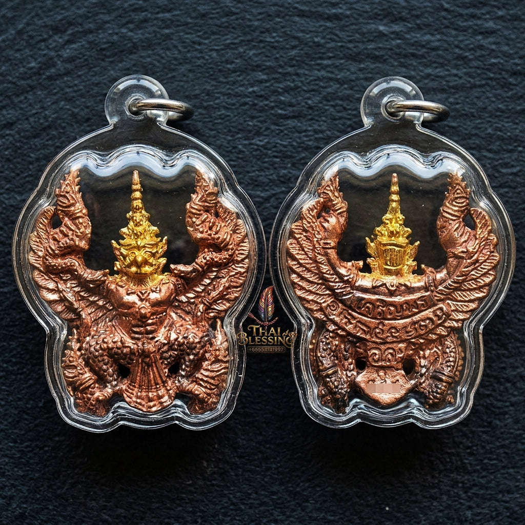 Authentic Thai Garuda Amulet "Phaya Khrut Kaona Charoenphon BE 2559" - Golden Head Fire-Surfaced Sacred Bronze Pendant Thai Blessing Co By RURUECHA