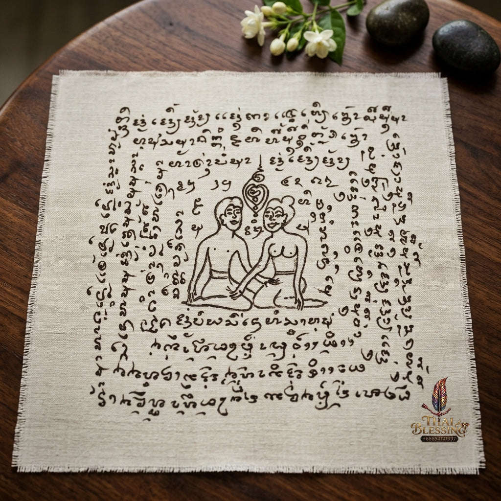 Authentic Thai Hand-Drawn Lanna Yantra Cloth "Aeng Ka Taew Magnetic Attraction & Supreme Charm" (9x9 Inches) by Arjan Surajak, Phaya Yak Sam Ta Lanna Ashram Thai Blessing Co By RURUECHA