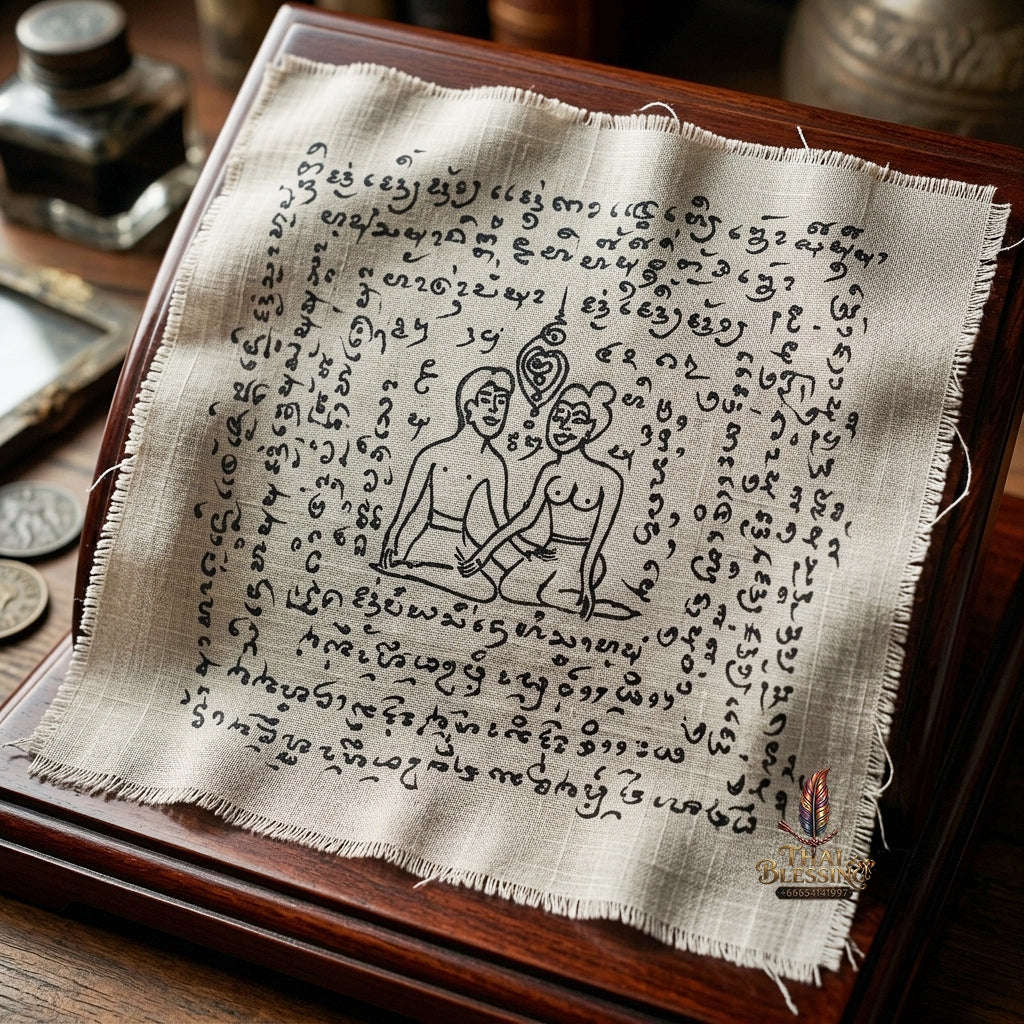 Authentic Thai Hand-Drawn Lanna Yantra Cloth "Aeng Ka Taew Magnetic Attraction & Supreme Charm" (9x9 Inches) by Arjan Surajak, Phaya Yak Sam Ta Lanna Ashram Thai Blessing Co By RURUECHA