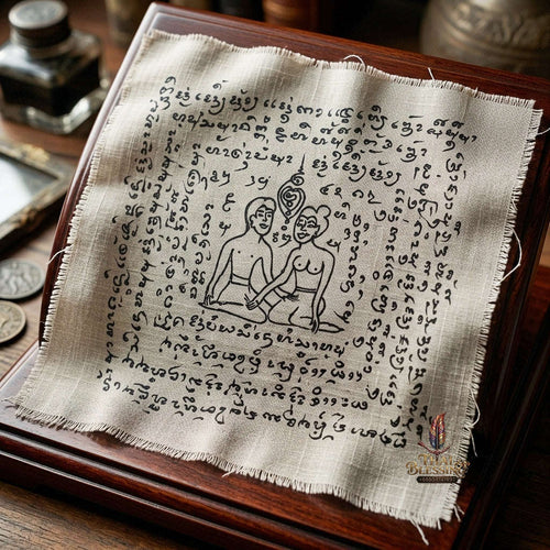 Authentic Thai Hand-Drawn Lanna Yantra Cloth "Aeng Ka Taew Magnetic Attraction & Supreme Charm" (9x9 Inches) by Arjan Surajak, Phaya Yak Sam Ta Lanna Ashram Thai Blessing Co By RURUECHA