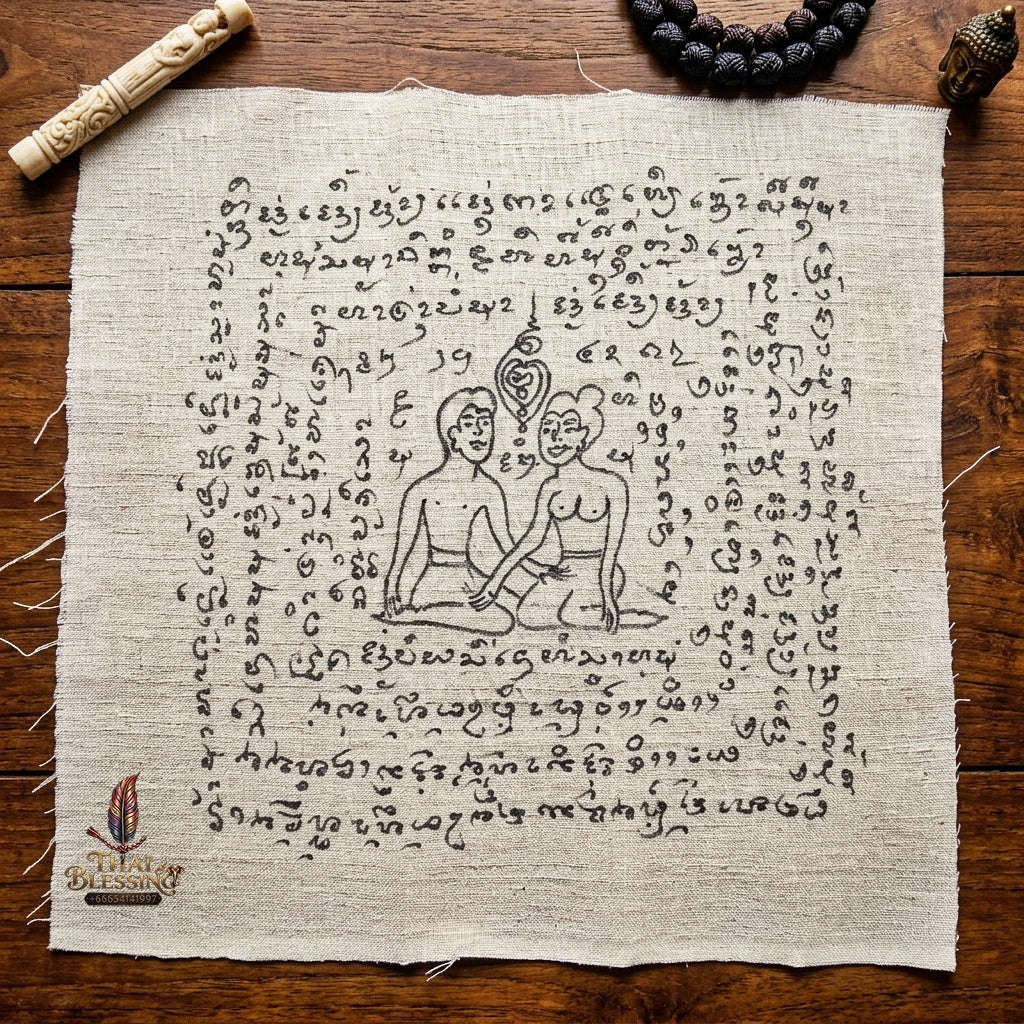 Authentic Thai Hand-Drawn Lanna Yantra Cloth "Aeng Ka Taew Magnetic Attraction & Supreme Charm" (9x9 Inches) by Arjan Surajak, Phaya Yak Sam Ta Lanna Ashram Thai Blessing Co By RURUECHA