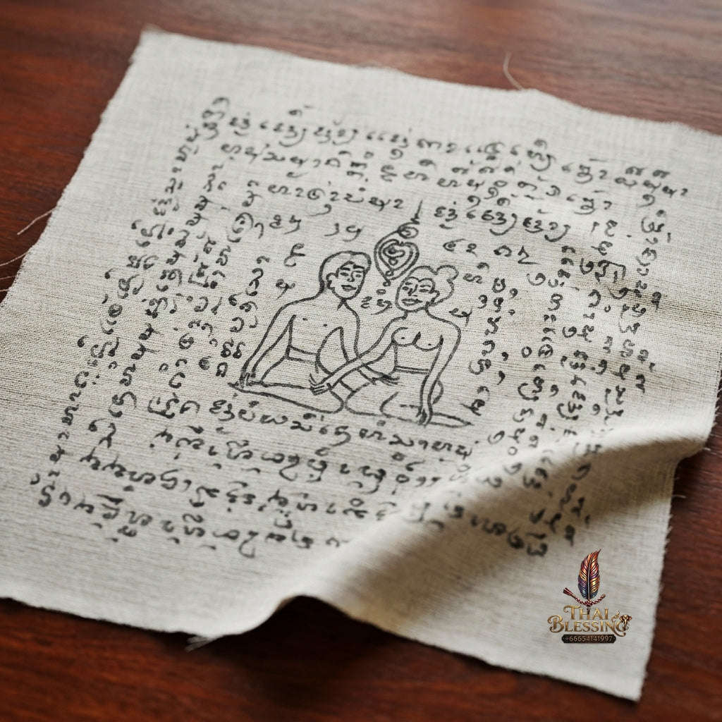 Authentic Thai Hand-Drawn Lanna Yantra Cloth "Aeng Ka Taew Magnetic Attraction & Supreme Charm" (9x9 Inches) by Arjan Surajak, Phaya Yak Sam Ta Lanna Ashram Thai Blessing Co By RURUECHA