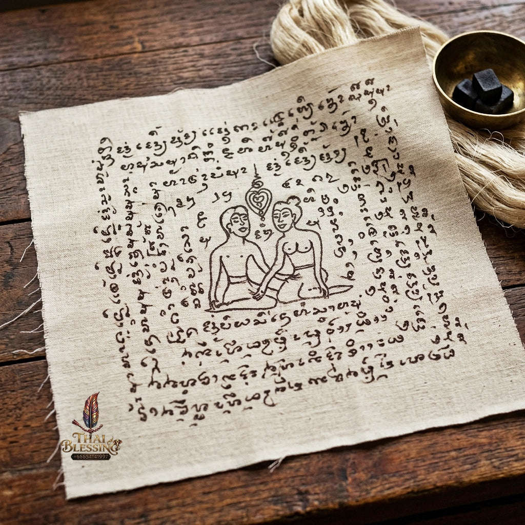 Authentic Thai Hand-Drawn Lanna Yantra Cloth "Aeng Ka Taew Magnetic Attraction & Supreme Charm" (9x9 Inches) by Arjan Surajak, Phaya Yak Sam Ta Lanna Ashram Thai Blessing Co By RURUECHA
