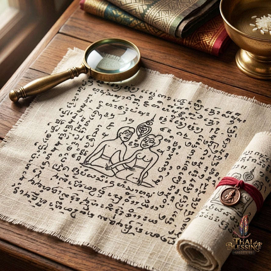 Authentic Thai Hand-Drawn Lanna Yantra Cloth "Aeng Ka Taew Magnetic Attraction & Supreme Charm" (9x9 Inches) by Arjan Surajak, Phaya Yak Sam Ta Lanna Ashram Thai Blessing Co By RURUECHA
