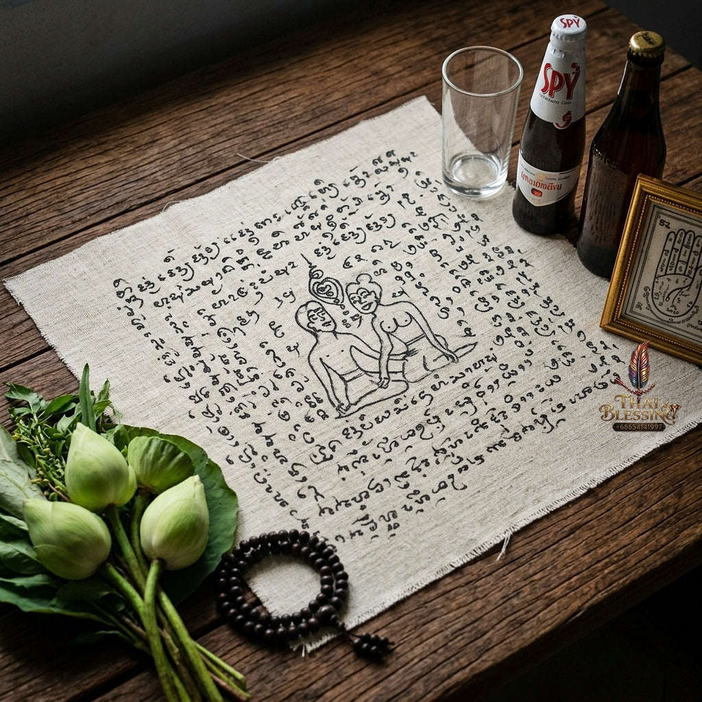 Authentic Thai Hand-Drawn Lanna Yantra Cloth "Aeng Ka Taew Magnetic Attraction & Supreme Charm" (9x9 Inches) by Arjan Surajak, Phaya Yak Sam Ta Lanna Ashram Thai Blessing Co By RURUECHA