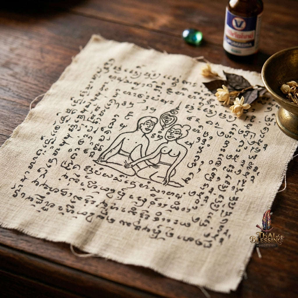 Authentic Thai Hand-Drawn Lanna Yantra Cloth "Aeng Ka Taew Magnetic Attraction & Supreme Charm" (9x9 Inches) by Arjan Surajak, Phaya Yak Sam Ta Lanna Ashram Thai Blessing Co By RURUECHA
