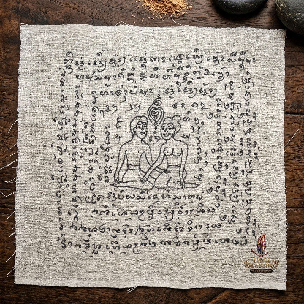 Authentic Thai Hand-Drawn Lanna Yantra Cloth "Aeng Ka Taew Magnetic Attraction & Supreme Charm" (9x9 Inches) by Arjan Surajak, Phaya Yak Sam Ta Lanna Ashram Thai Blessing Co By RURUECHA