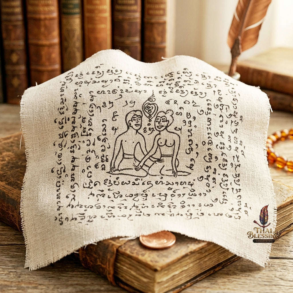 Authentic Thai Hand-Drawn Lanna Yantra Cloth "Aeng Ka Taew Magnetic Attraction & Supreme Charm" (9x9 Inches) by Arjan Surajak, Phaya Yak Sam Ta Lanna Ashram Thai Blessing Co By RURUECHA