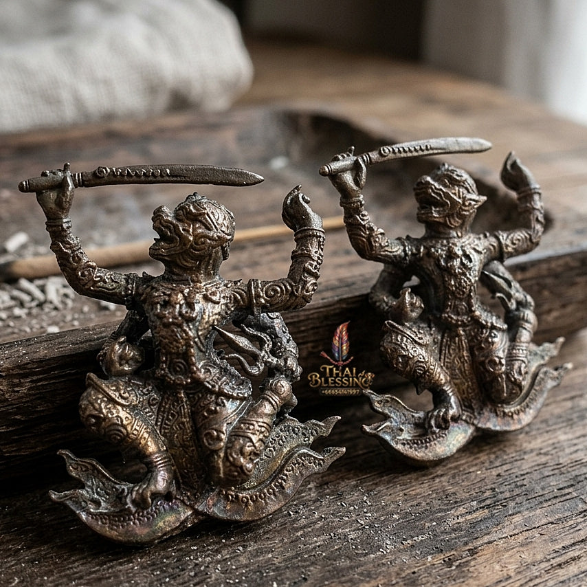 Authentic Thai Sacred Hanuman Hoen Fah Plaeng Rit (4-Armed Soaring Flying Hanuman Statue) - Khum Sap Kheow Kaeo Edition for Ultimate Invincibility, Victory Over Enemies, Obstacle Overcoming & Wealth Blessing