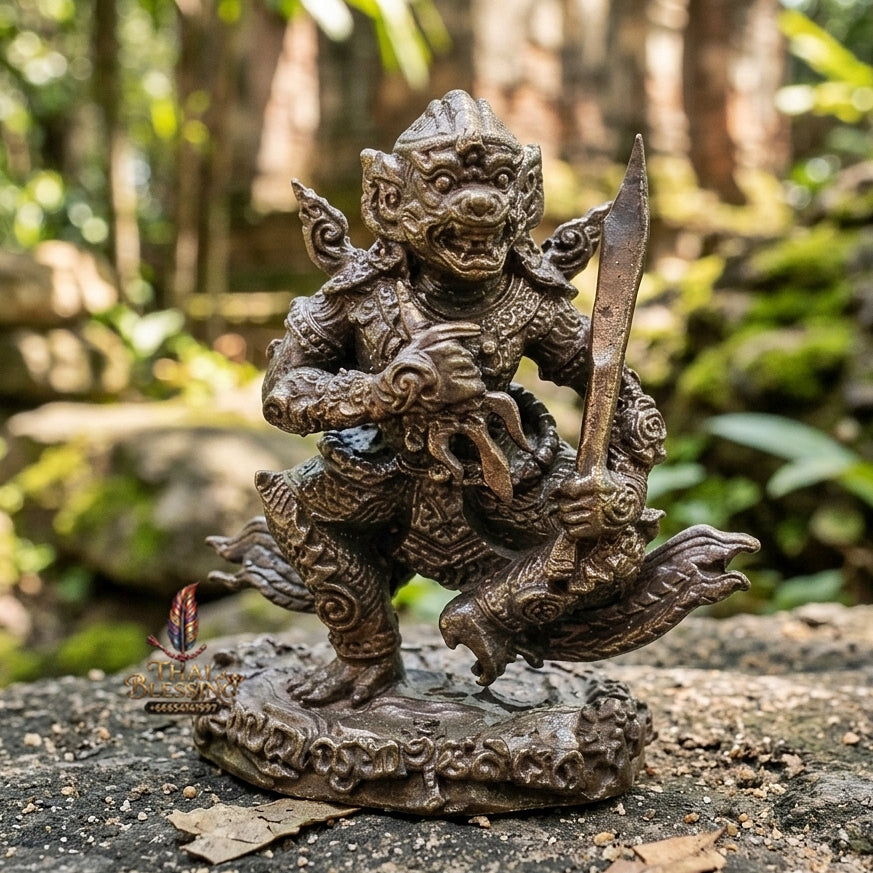 Authentic Thai Sacred Hanuman Sayap Longka (Conqueror of Longka Hanuman Statue) - Ancient Cast Nawa Loha Alloy Edition Base Filled with Sacred Hanuman Crystal Powder for Ultimate Victory, Protection & Power