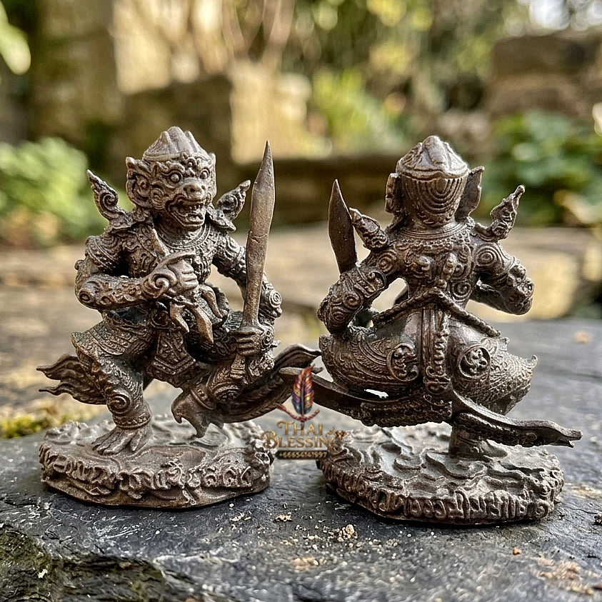 Authentic Thai Sacred Hanuman Sayap Longka (Conqueror of Longka Hanuman Statue) - Ancient Cast Nawa Loha Alloy Edition Base Filled with Sacred Hanuman Crystal Powder for Ultimate Victory, Protection & Power
