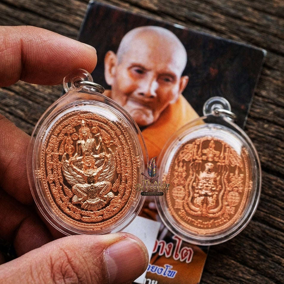 Authentic Thai Hermit & Garuda Amulet "Rian Rue Si Song Khrut BE 2558" - Copper Sovereign Power & Teacher Grace Medallion Thai Blessing Co By RURUECHA