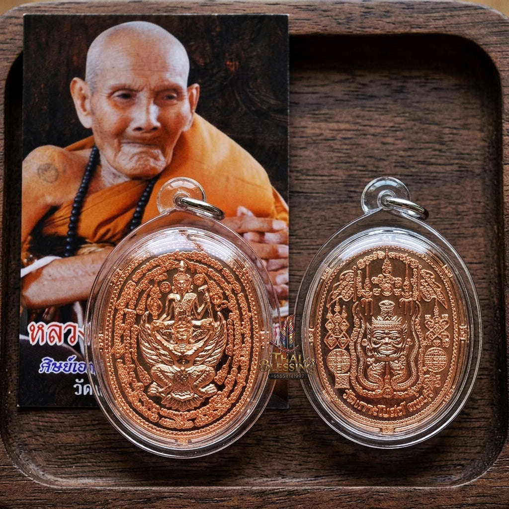 Authentic Thai Hermit & Garuda Amulet "Rian Rue Si Song Khrut BE 2558" - Copper Sovereign Power & Teacher Grace Medallion Thai Blessing Co By RURUECHA