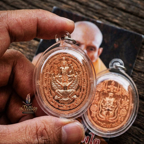 Authentic Thai Hermit & Garuda Amulet "Rian Rue Si Song Khrut BE 2558" - Copper Sovereign Power & Teacher Grace Medallion Thai Blessing Co By RURUECHA