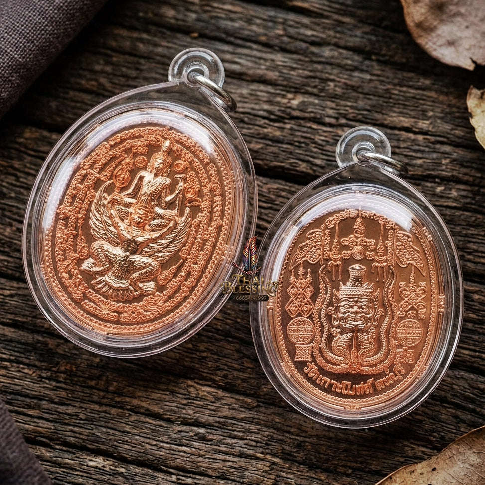 Authentic Thai Hermit & Garuda Amulet "Rian Rue Si Song Khrut BE 2558" - Copper Sovereign Power & Teacher Grace Medallion Thai Blessing Co By RURUECHA