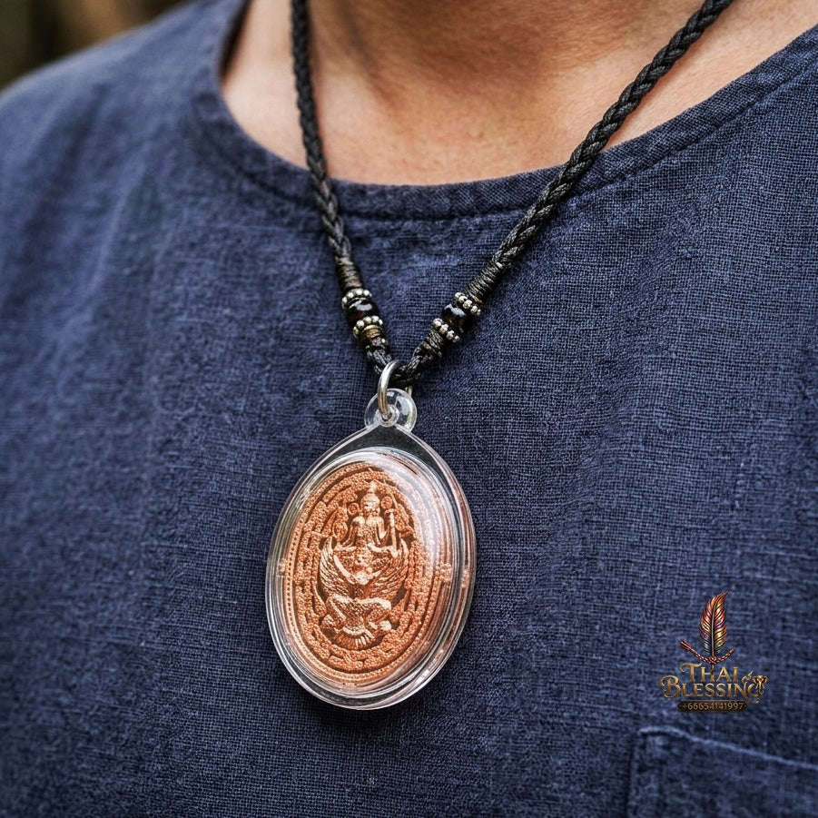 Authentic Thai Hermit & Garuda Amulet "Rian Rue Si Song Khrut BE 2558" - Copper Sovereign Power & Teacher Grace Medallion Thai Blessing Co By RURUECHA