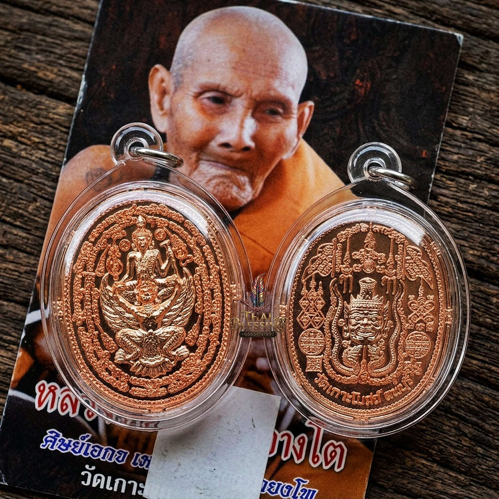 Authentic Thai Hermit & Garuda Amulet "Rian Rue Si Song Khrut BE 2558" - Copper Sovereign Power & Teacher Grace Medallion Thai Blessing Co By RURUECHA