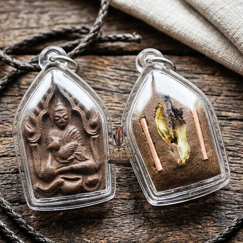 Authentic Thai Khun Phaen Amulet "Yod Maha Saneh Tua Pho Committee Edition BE 2569" - Special Charm Powder Pendant with Dual Copper Takrut & Wan Dok Thong Thai Blessing Co By RURUECHA