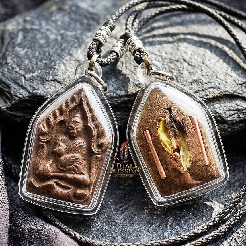 Authentic Thai Khun Phaen Amulet "Yod Maha Saneh Tua Pho Committee Edition BE 2569" - Special Charm Powder Pendant with Dual Copper Takrut & Wan Dok Thong Thai Blessing Co By RURUECHA