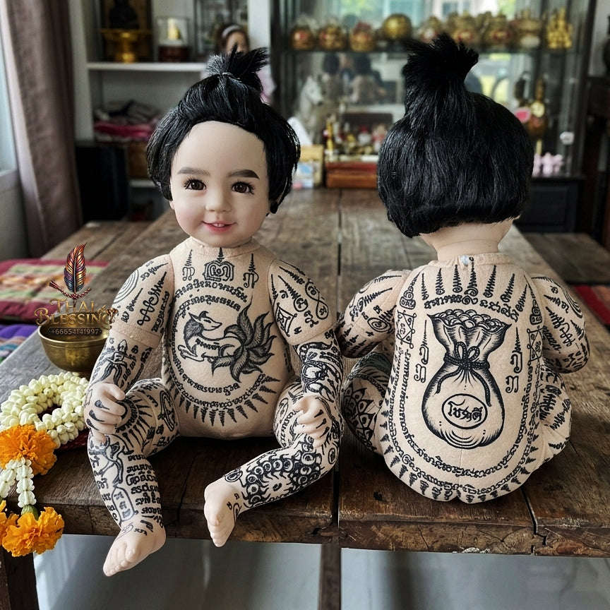 Authentic Thai Kuman Thong Look Thep Male Spirit Child Doll - Topknot Hair Edition with Hand-Inscribed Full-Body Sacred Yantra Inscriptions, 9-Tailed Fox & Money Bag Yantras for Extreme Business Wealth, Luck & Prosperity Thai Blessing Co By