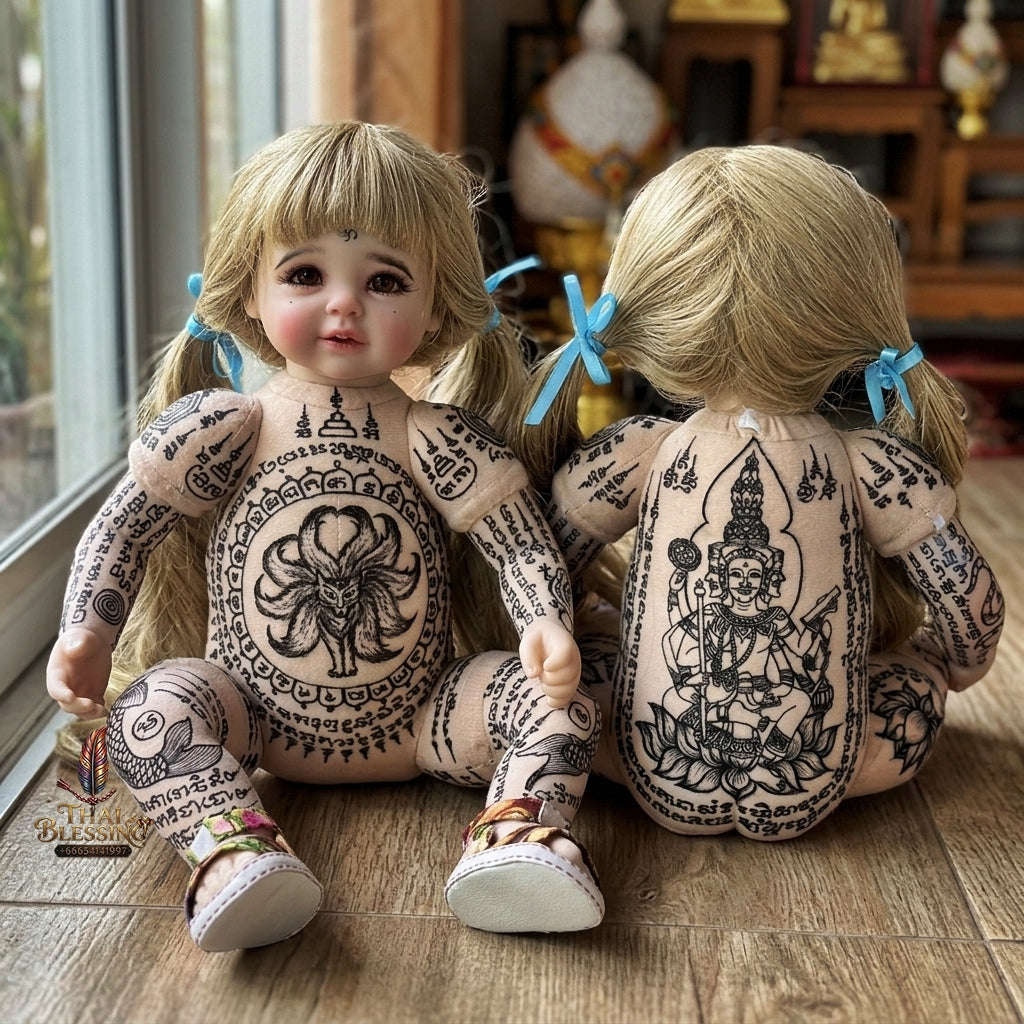 Authentic Thai Kumaree Look Thep Female Spirit Child Doll - Hand-Inscribed Full-Body Sacred Yantra Edition with 9-Tailed Fox Charm & Phra Phrom Brahma for Business Wealth & Metta Saneh Thai Blessing Co By RURUECHA