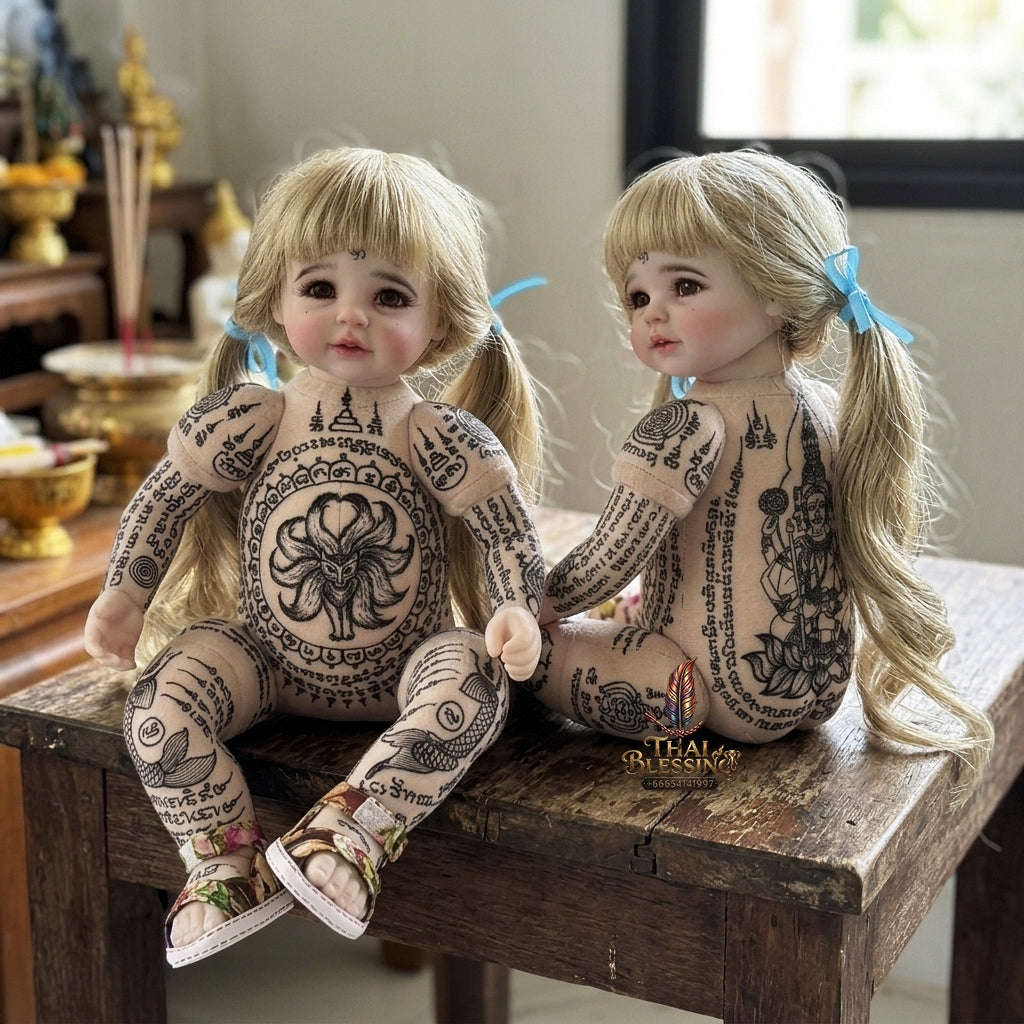 Authentic Thai Kumaree Look Thep Female Spirit Child Doll - Hand-Inscribed Full-Body Sacred Yantra Edition with 9-Tailed Fox Charm & Phra Phrom Brahma for Business Wealth & Metta Saneh Thai Blessing Co By RURUECHA