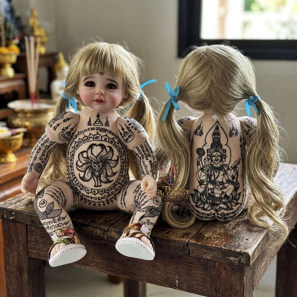 Authentic Thai Kumaree Look Thep Female Spirit Child Doll - Hand-Inscribed Full-Body Sacred Yantra Edition with 9-Tailed Fox Charm & Phra Phrom Brahma for Business Wealth & Metta Saneh Thai Blessing Co By RURUECHA