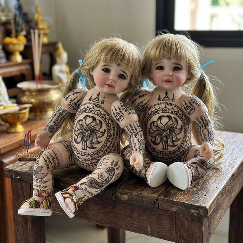 Authentic Thai Kumaree Look Thep Female Spirit Child Doll - Hand-Inscribed Full-Body Sacred Yantra Edition with 9-Tailed Fox Charm & Phra Phrom Brahma for Business Wealth & Metta Saneh Thai Blessing Co By RURUECHA