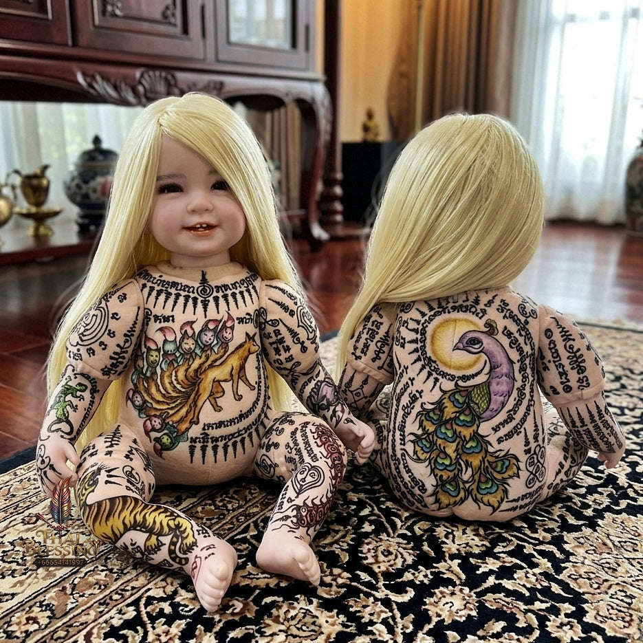 Authentic Thai Kumaree Look Thep Female Spirit Child Doll - Long Blonde Hair Edition with Hand-Inscribed Colored 9-Tailed Fox & Golden Peacock Yantras by Achan Sombat - Consecrated by Achan Khom Traiwet for Wealth & Charm Thai Blessing Co By