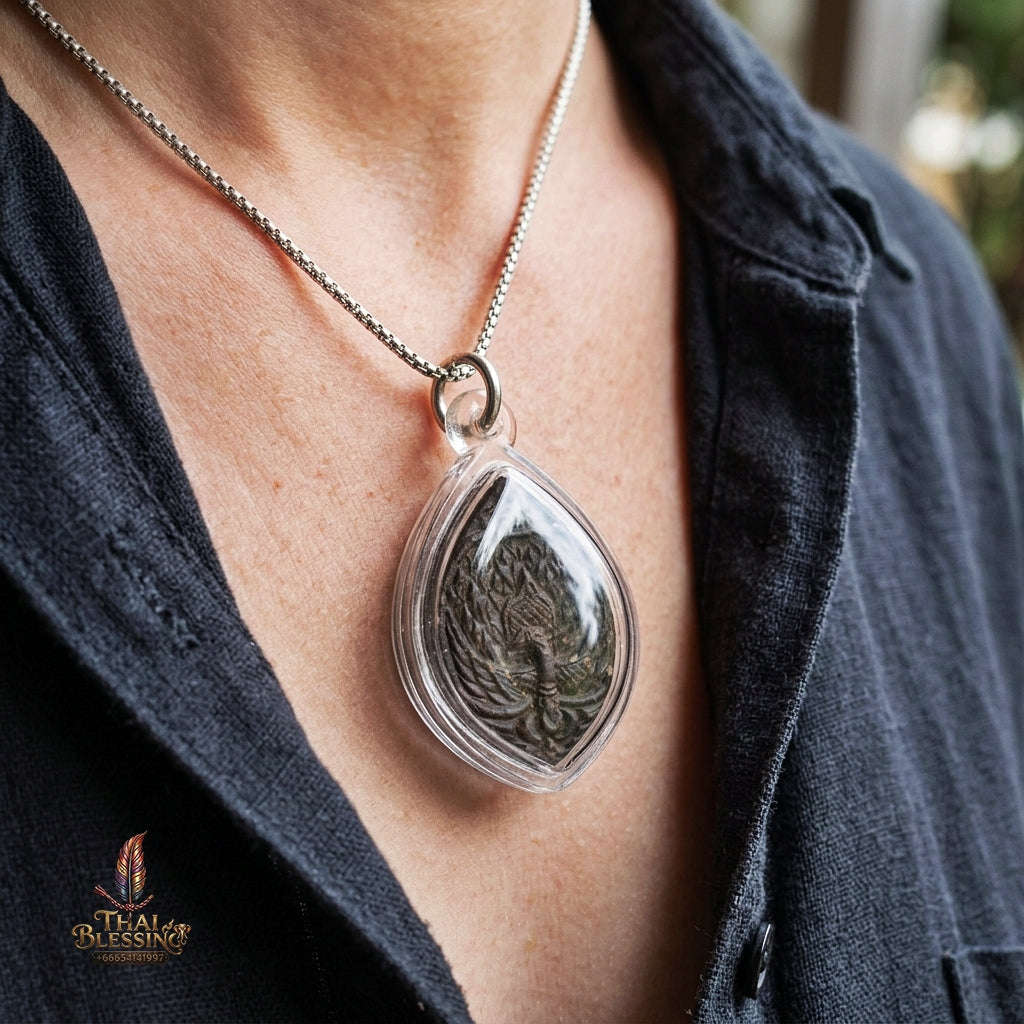Authentic Thai Lanna Amulet "Phaya Nok Yung BE 2561" - Black Sacred Powder Peacock King Talisman with Gold Rear Yantra Thai Blessing Co By RURUECHA