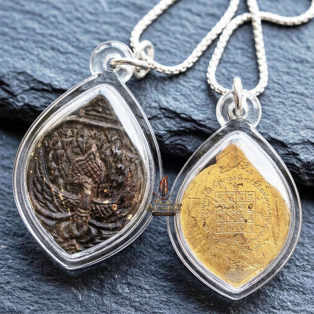 Authentic Thai Lanna Amulet "Phaya Nok Yung BE 2561" - Black Sacred Powder Peacock King Talisman with Gold Rear Yantra Thai Blessing Co By RURUECHA