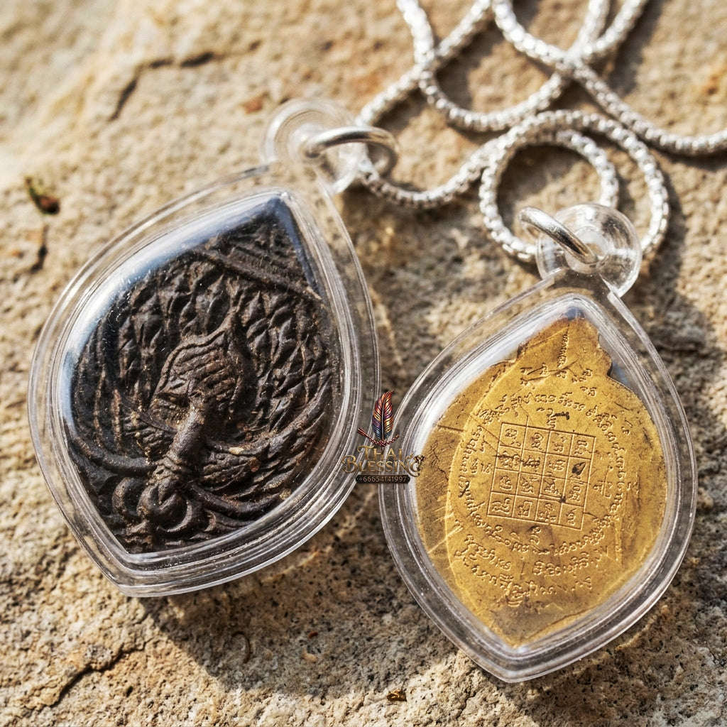Authentic Thai Lanna Amulet "Phaya Nok Yung BE 2561" - Black Sacred Powder Peacock King Talisman with Gold Rear Yantra Thai Blessing Co By RURUECHA