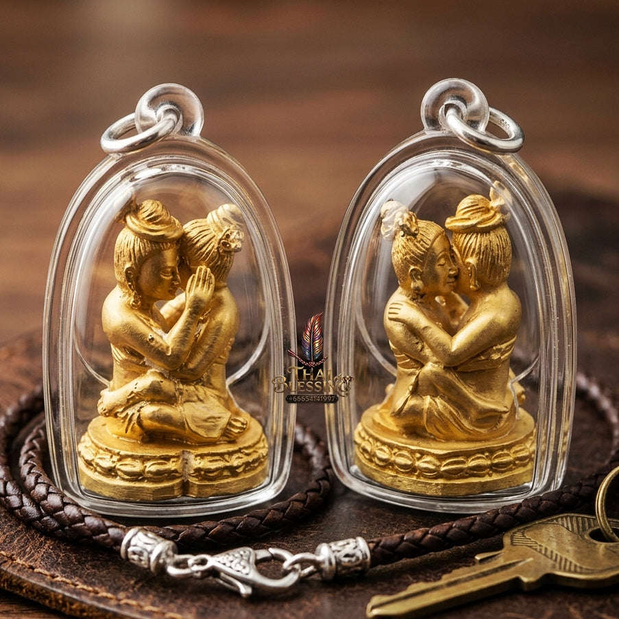 Authentic Thai Lanna Love Amulet "In Khu Phukphan Krasan Sawat BE 2564" - Sacred Chanuan Metal & Krasan Sawat Herbal Powder Embracing Lovers Talisman