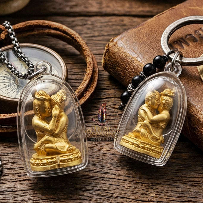 Authentic Thai Lanna Love Amulet "In Khu Phukphan Krasan Sawat BE 2564" - Sacred Chanuan Metal & Krasan Sawat Herbal Powder Embracing Lovers Talisman