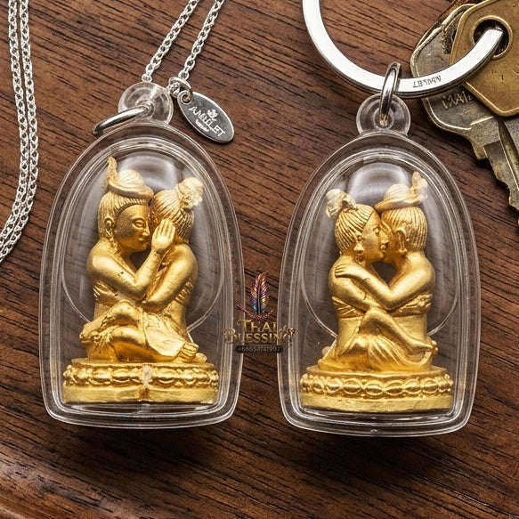 Authentic Thai Lanna Love Amulet "In Khu Phukphan Krasan Sawat BE 2564" - Sacred Chanuan Metal & Krasan Sawat Herbal Powder Embracing Lovers Talisman