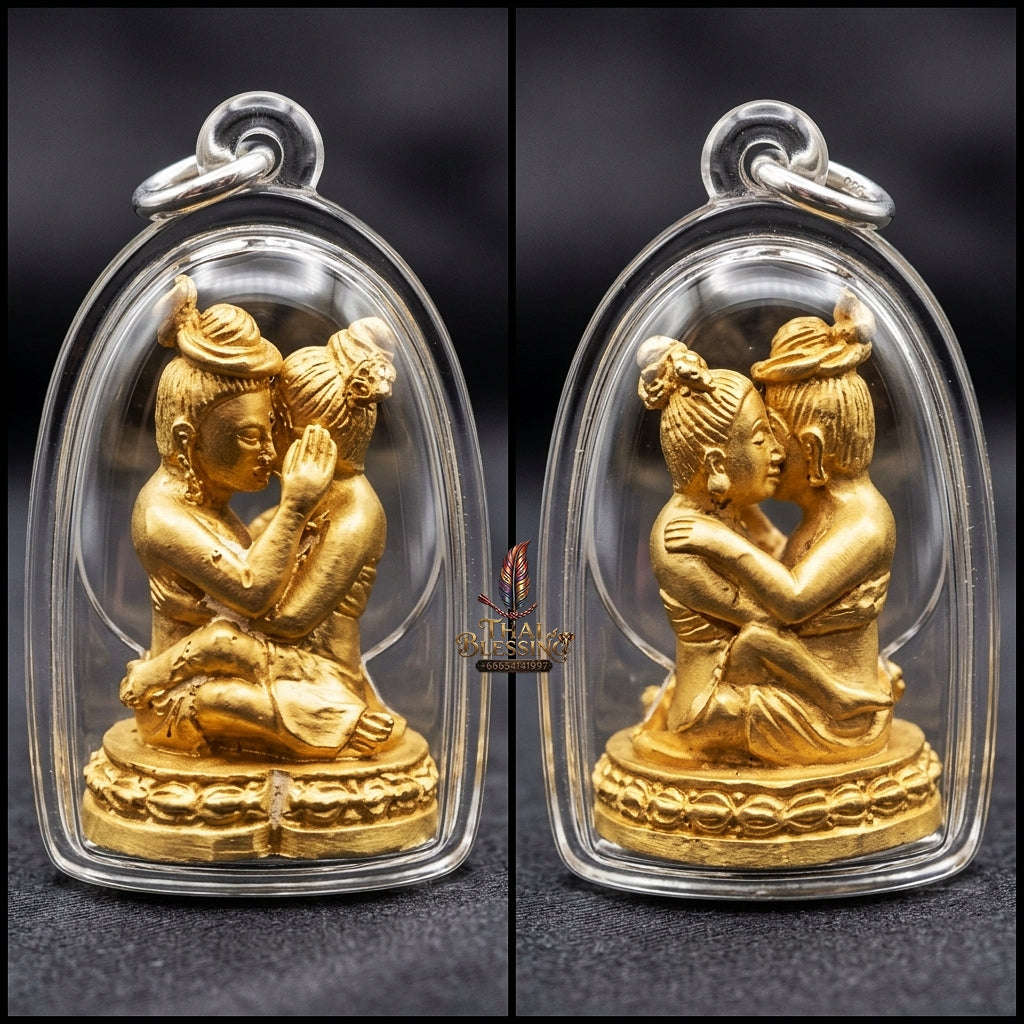 Authentic Thai Lanna Love Amulet "In Khu Phukphan Krasan Sawat BE 2564" - Sacred Chanuan Metal & Krasan Sawat Herbal Powder Embracing Lovers Talisman