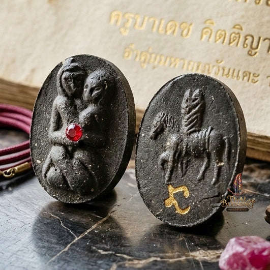 Authentic Thai Lanna Love Charm "In Khu Saneh Roi Rak BE 2559" - Black Herbal Powder & Horse-Mae-Sep-Nang Embracing Lovers