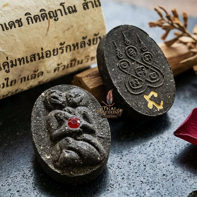 Authentic Thai Lanna Love Charm "In Khu Saneh Roi Rak BE 2559" - Black Herbal Powder & Horse-Mae-Sep-Nang Embracing Lovers