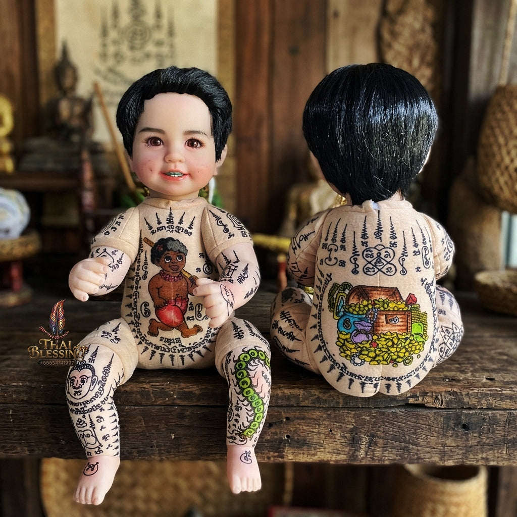 Authentic Thai Large 22-Inch Kuman Thong Look Thep Spirit Child Doll - Hand-Inscribed Colored Full-Body Sacred Yantra Edition with Ancient Kuman & Treasure Chest Yantras for Extreme Business Wealth, Career Success & Prosperity Thai Blessing Co