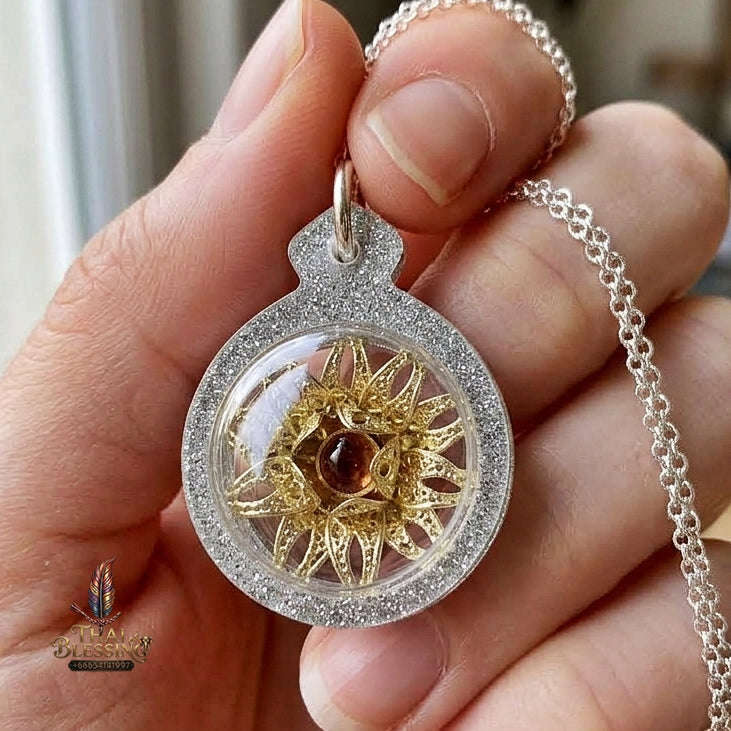 Authentic Thai Love Amulet "Dokmai Sane Silver Flower Pendant" by Archan Long Khem Mangkon (Attraction, Romance & Charm) Thai Blessing Co By RURUECHA