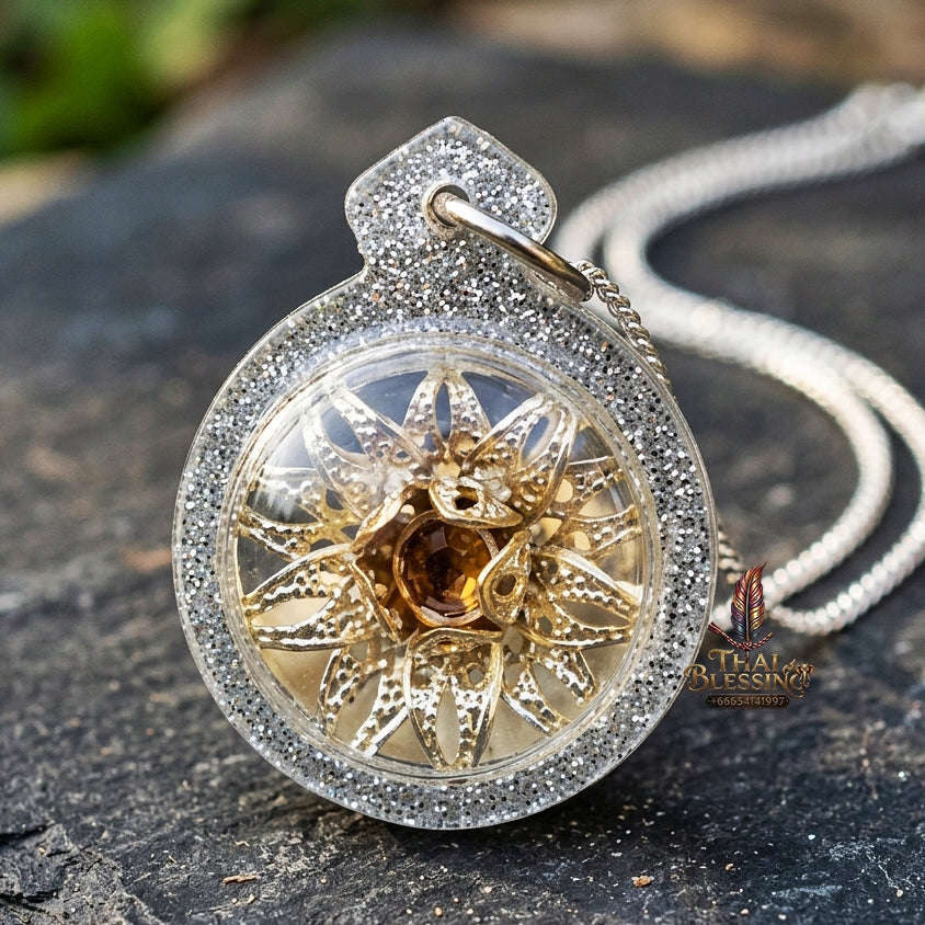 Authentic Thai Love Amulet "Dokmai Sane Silver Flower Pendant" by Archan Long Khem Mangkon (Attraction, Romance & Charm) Thai Blessing Co By RURUECHA