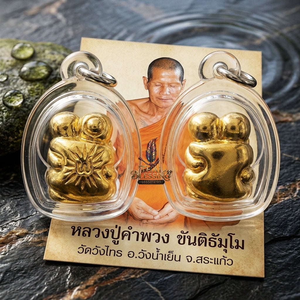Authentic Thai Love Amulet "In Khoo BE 2567" - Miniature Gold-Plated Samlit Bronze Sun-Ray Yantra Embracing Lovers Charm