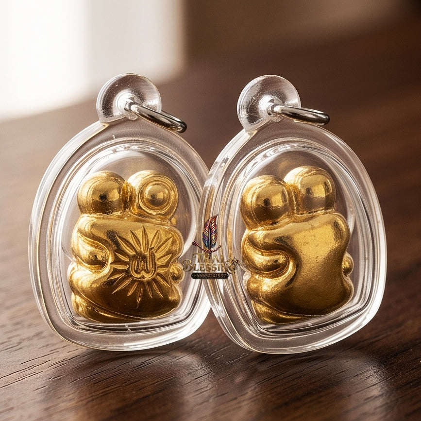 Authentic Thai Love Amulet "In Khoo BE 2567" - Miniature Gold-Plated Samlit Bronze Sun-Ray Yantra Embracing Lovers Charm