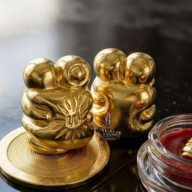 Authentic Thai Love Amulet "In Khoo BE 2567" - Miniature Gold-Plated Samlit Bronze Sun-Ray Yantra Embracing Lovers Charm