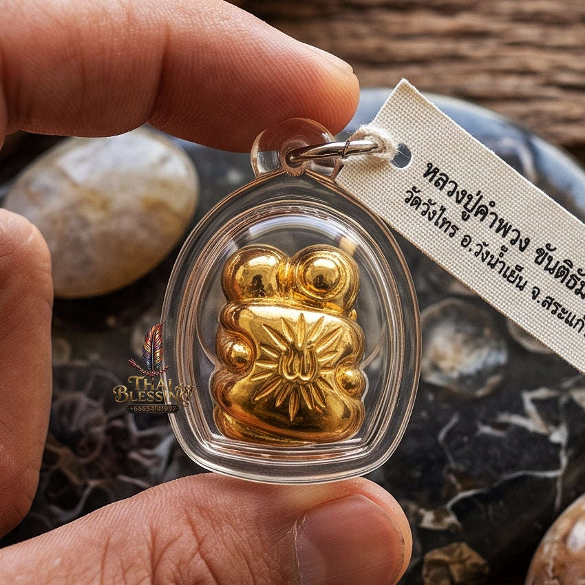 Authentic Thai Love Amulet "In Khoo BE 2567" - Miniature Gold-Plated Samlit Bronze Sun-Ray Yantra Embracing Lovers Charm