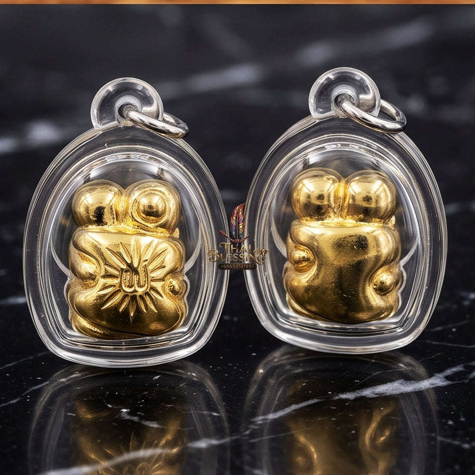 Authentic Thai Love Amulet "In Khoo BE 2567" - Miniature Gold-Plated Samlit Bronze Sun-Ray Yantra Embracing Lovers Charm