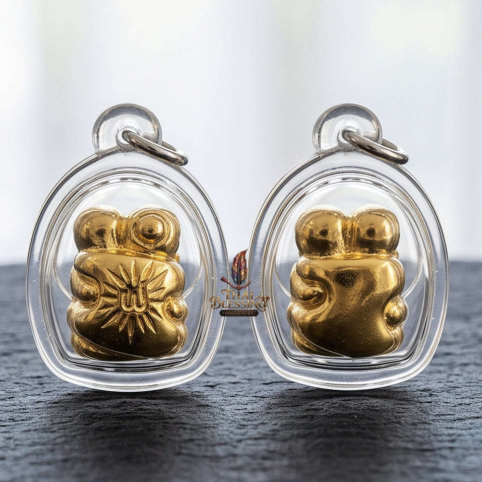Authentic Thai Love Amulet "In Khoo BE 2567" - Miniature Gold-Plated Samlit Bronze Sun-Ray Yantra Embracing Lovers Charm