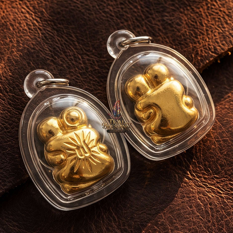 Authentic Thai Love Amulet "In Khoo BE 2567" - Miniature Gold-Plated Samlit Bronze Sun-Ray Yantra Embracing Lovers Charm