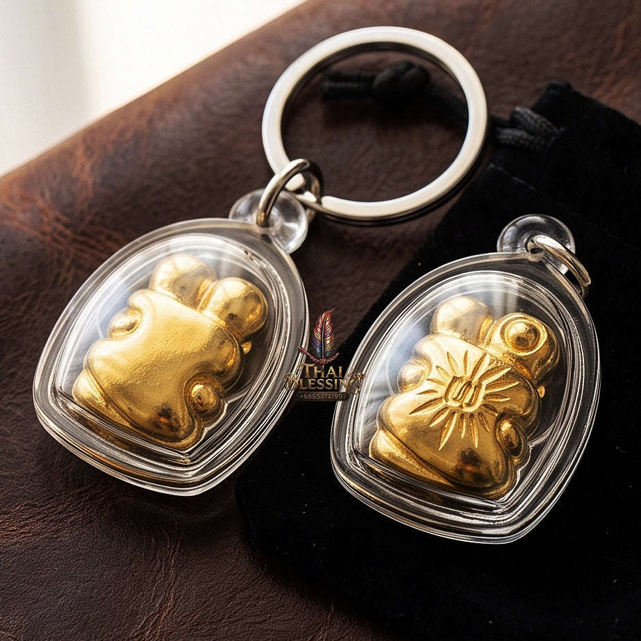 Authentic Thai Love Amulet "In Khoo BE 2567" - Miniature Gold-Plated Samlit Bronze Sun-Ray Yantra Embracing Lovers Charm